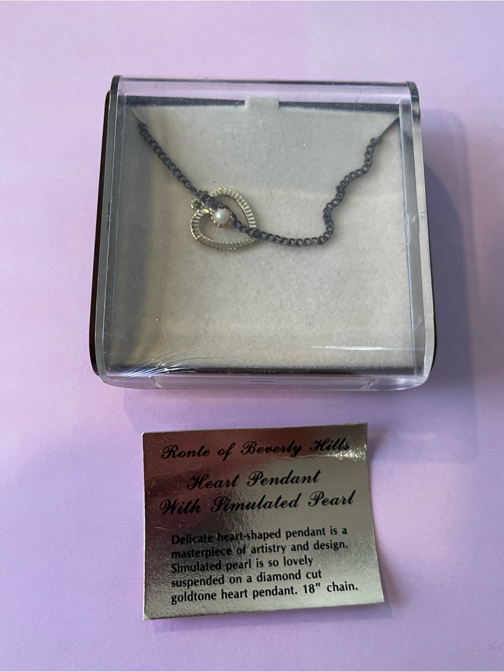 Vintage Ronte Of Beverly Hills Heart Pendant Pearl 18" GF Chain #7136